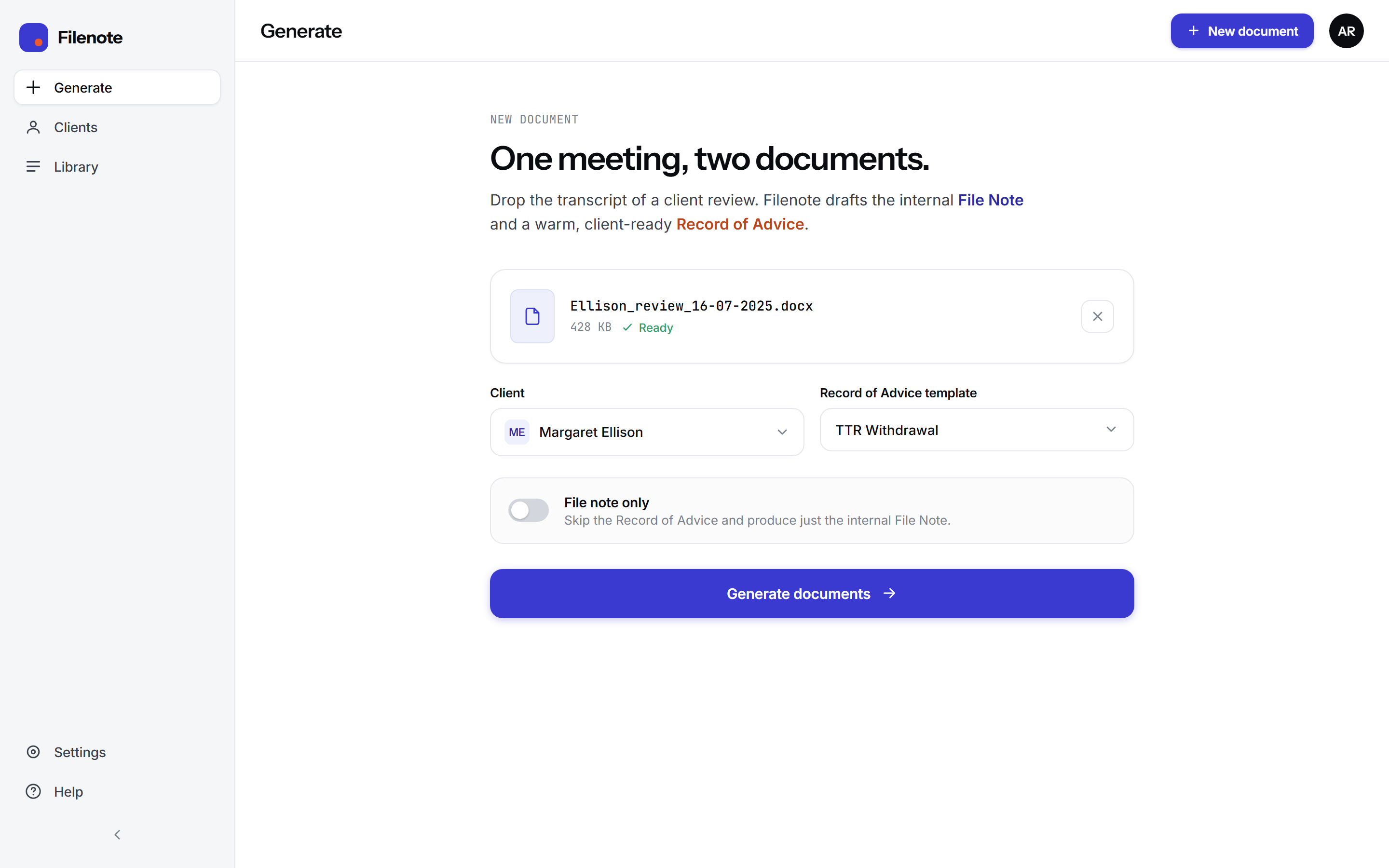 The Filenote generate screen: a transcript uploaded, a client and a Record of Advice template selected, ready to generate.