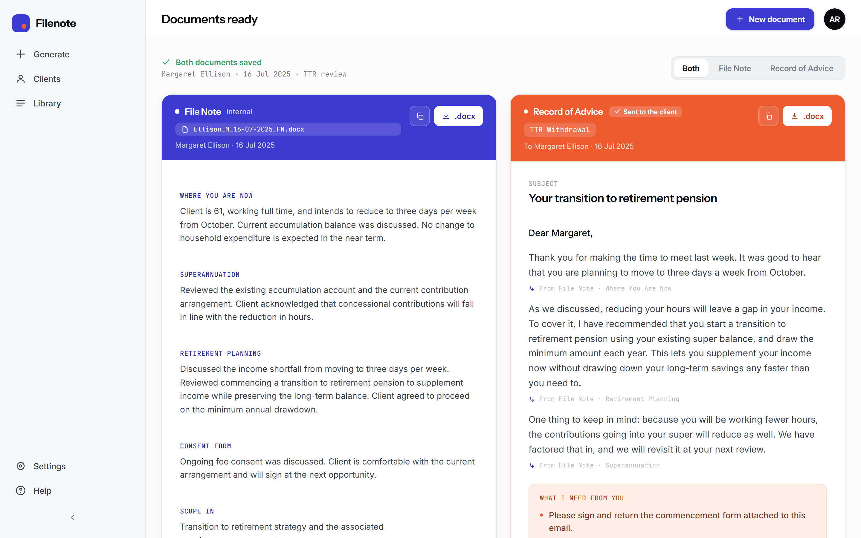 The result screen: the File Note in indigo beside the Record of Advice in coral, each line traced to its source section.