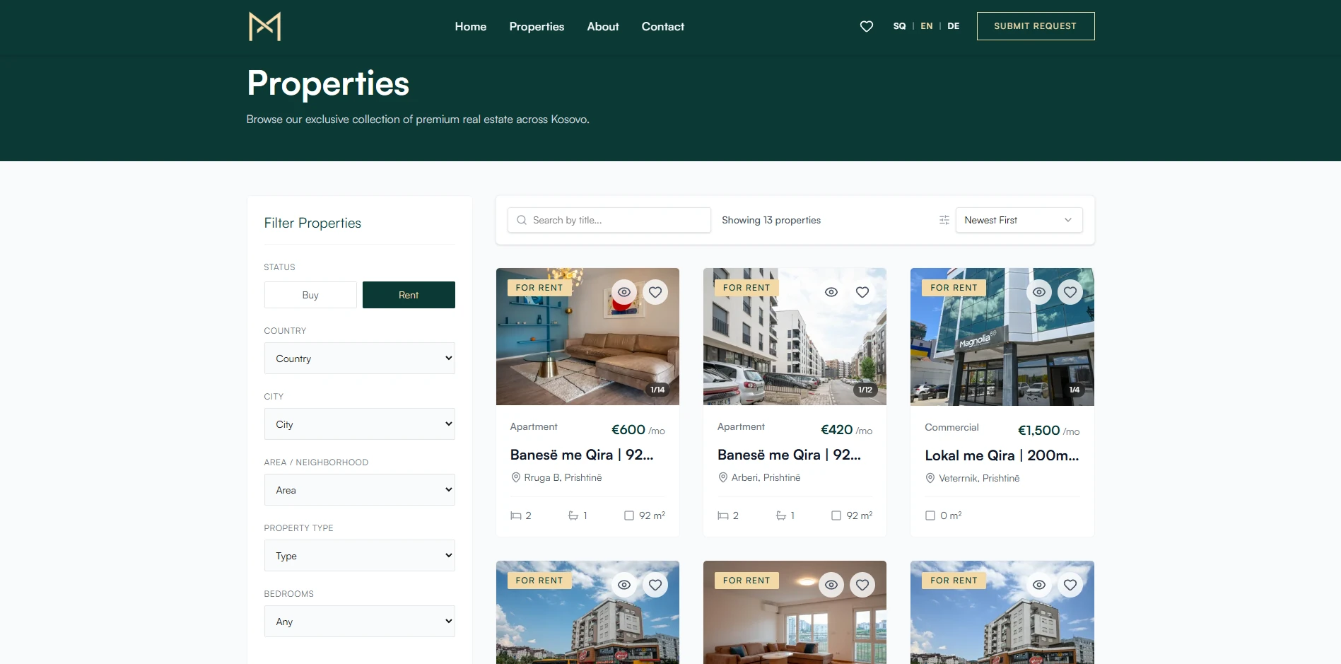 Property listings with filters